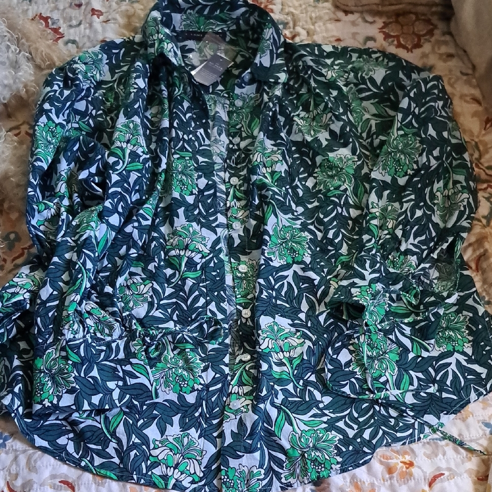 Lane Bryant Green and Blue Casual Button Down Shirt